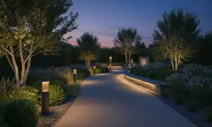 Sentiero illuminato nel giardino serale, un esempio di impianto elettrico giardino fai da te ben riuscito.