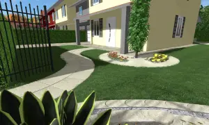 Percorso sinuoso in pietra, prato verde e aiuole fiorite: idee giardino villetta a schiera per un'oasi moderna.