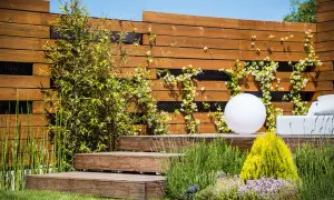 Moderna recinzione in legno con rampicanti fioriti, perfetta come idee per recinzioni esterne fai da te. Un giardino zen con luci e arredi.