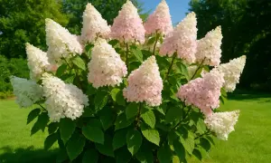 Un'ortensia paniculata in pieno sole, con infiorescenze coniche che sfumano dal bianco al rosa, su un prato verde brillante.