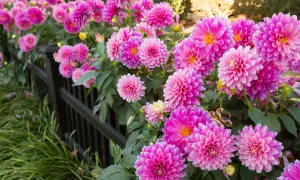 Fiori rosa vivaci, perfetti fiori pieno sole perenni, sbocciano rigogliosi lungo una recinzione nera.