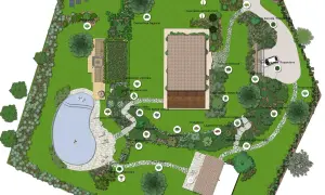 Progetto per realizzare un giardino con piscina, vialetti, alberi e piante diverse, con un'area relax e un'area parcheggio.