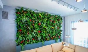 Un lussureggiante giardino verticale interno, con piante da parete verticale rigogliose e fiori rossi, domina la stanza sopra un divano beige.