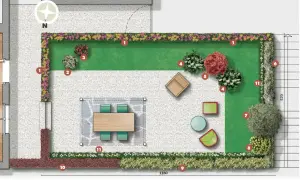 Esempio progetto giardino con prato, aiuole fiorite, zona pranzo esterna, arredi e alberi.