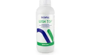 Flacone di Wish Top, un erbicida selettivo per infestanti annuali e poliannuali.