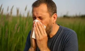 Uomo con barba starnutisce in un campo di erba alta, desiderando eliminare la gramigna con il sale per trovare sollievo.
