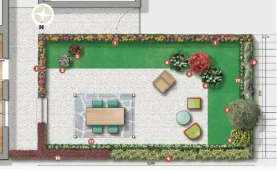 Esempio progetto giardino con prato, aiuole fiorite, zona pranzo esterna, arredi e alberi.