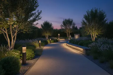 Sentiero illuminato nel giardino serale, un esempio di impianto elettrico giardino fai da te ben riuscito.