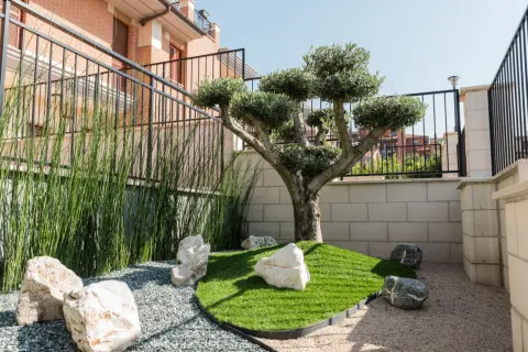 Come arredare un piccolo giardino davanti casa: un ulivo bonsai, erba sintetica, rocce e ghiaia creano un angolo zen.