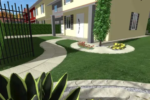 Percorso sinuoso in pietra, prato verde e aiuole fiorite: idee giardino villetta a schiera per un'oasi moderna.