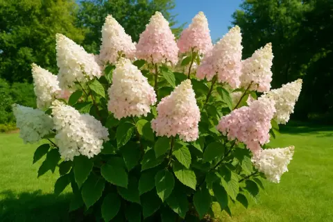 Un'ortensia paniculata in pieno sole, con infiorescenze coniche che sfumano dal bianco al rosa, su un prato verde brillante.