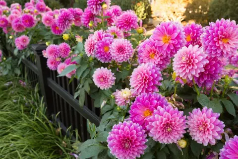 Fiori rosa vivaci, perfetti fiori pieno sole perenni, sbocciano rigogliosi lungo una recinzione nera.