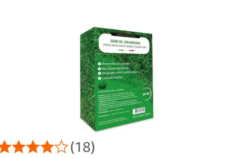 Confezione di semi per un prato di gramigna resistente, ideale per climi mediterranei e con crescita rapida.