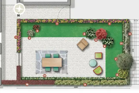 Esempio progetto giardino con prato, aiuole fiorite, zona pranzo esterna, arredi e alberi.