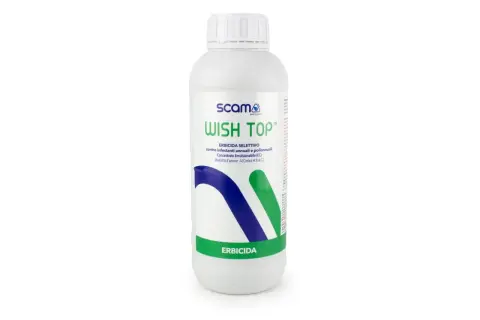 Flacone di Wish Top, un erbicida selettivo per infestanti annuali e poliannuali.