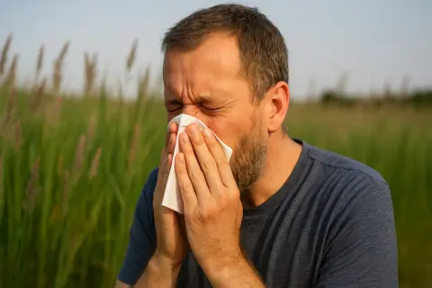 Uomo con barba starnutisce in un campo di erba alta, desiderando eliminare la gramigna con il sale per trovare sollievo.