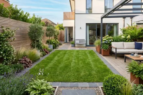 Un moderno giardino con prato verde, arredi da esterno e aiuole curate, che crea piccoli giardini da sogno.