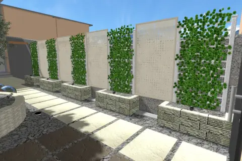 Moderne idee muro giardino con pannelli decorativi e rampicanti verdi. Un angolo relax con fontana e pavimentazione in pietra.
