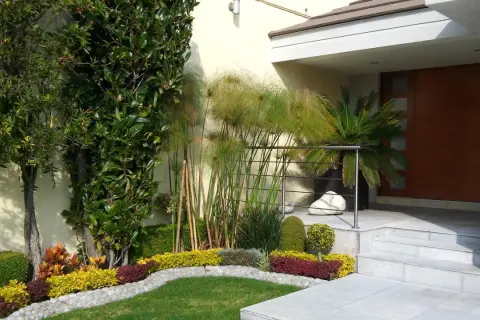 Un ingresso esterno casa curato con piante verdi, fiori colorati e papiri, un invito ad abbellire l'ingresso esterno casa con stile.