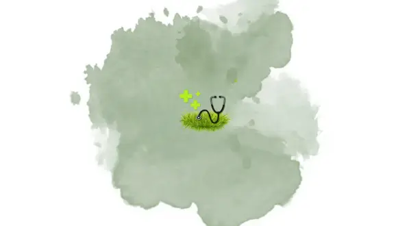 Stetoscopio su erba con croci verdi, simbolo di cure per le malattie del prato in estate.