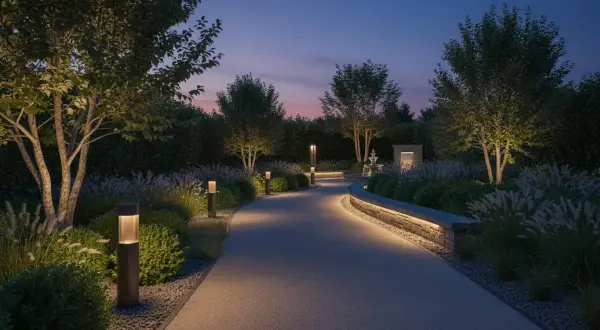 Sentiero illuminato nel giardino serale, un esempio di impianto elettrico giardino fai da te ben riuscito.