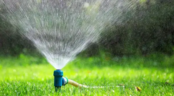 Irrigatore blu in azione su un prato verde brillante, un segnale visivo di quando innaffiare il prato per mantenerlo rigoglioso.