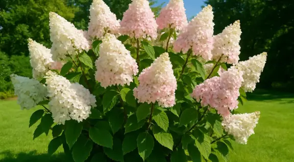 Un'ortensia paniculata in pieno sole, con infiorescenze coniche che sfumano dal bianco al rosa, su un prato verde brillante.
