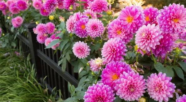 Fiori rosa vivaci, perfetti fiori pieno sole perenni, sbocciano rigogliosi lungo una recinzione nera.