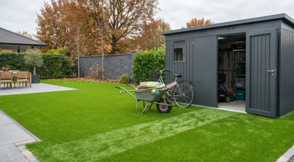 Giardino moderno con prato sintetico impeccabile. Carriola, bici e capanno attrezzi suggeriscono idee per giardini con prato sintetico a bassa manutenzione.