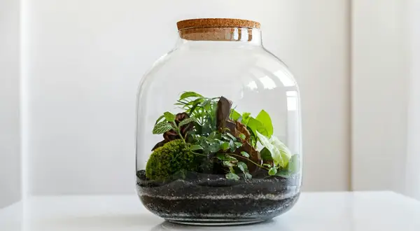 Un ecosistema in miniatura racchiuso in una **pianta di vetro**. Muschio, rocce e diverse specie vegetali creano un piccolo mondo verde.