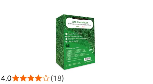 Confezione di semi per un prato di gramigna resistente, ideale per climi mediterranei e con crescita rapida.