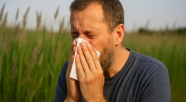 Uomo con barba starnutisce in un campo di erba alta, desiderando eliminare la gramigna con il sale per trovare sollievo.