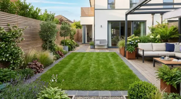 Un moderno giardino con prato verde, arredi da esterno e aiuole curate, che crea piccoli giardini da sogno.