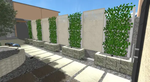 Moderne idee muro giardino con pannelli decorativi e rampicanti verdi. Un angolo relax con fontana e pavimentazione in pietra.