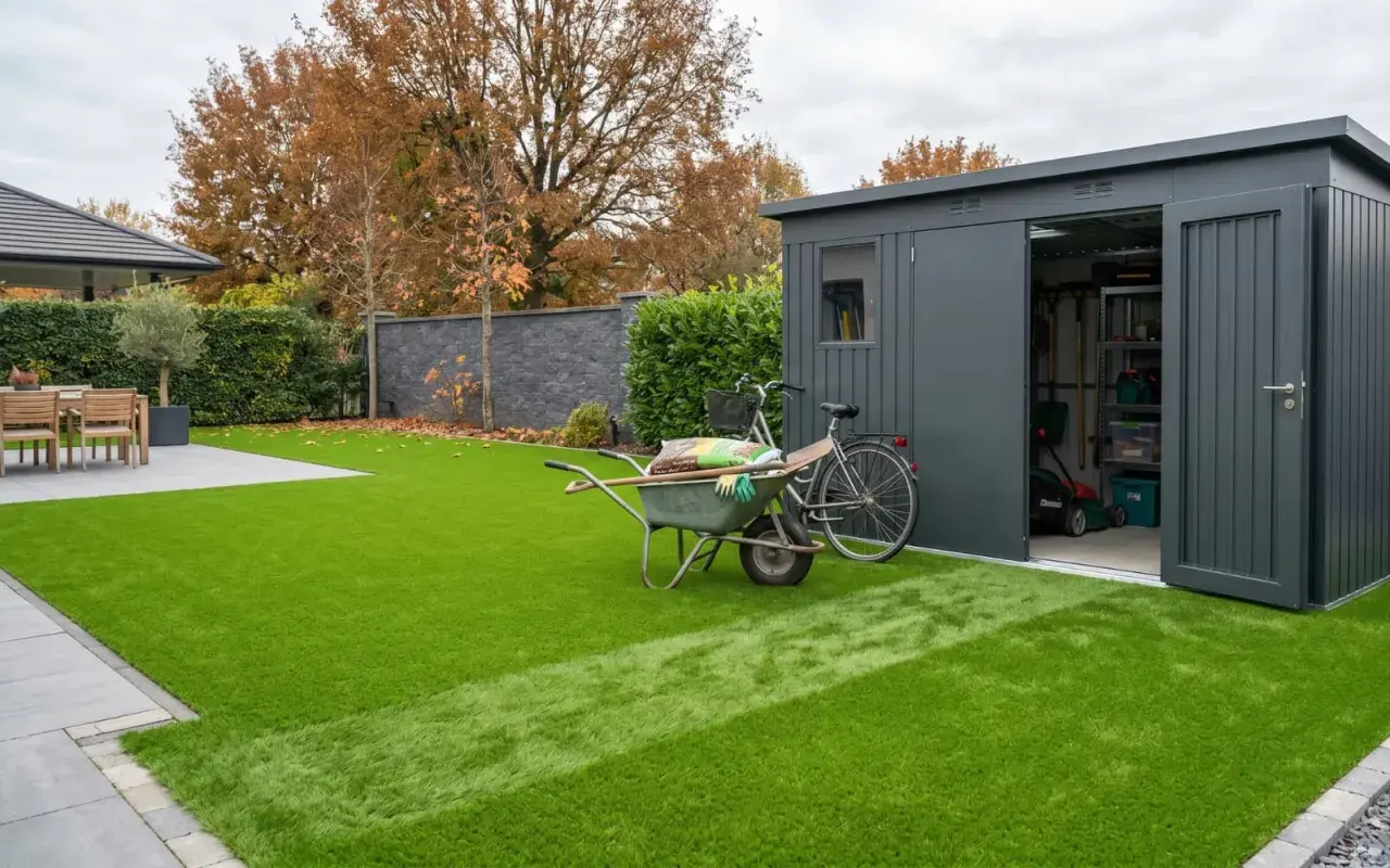 Giardino moderno con prato sintetico impeccabile. Carriola, bici e capanno attrezzi suggeriscono idee per giardini con prato sintetico a bassa manutenzione.