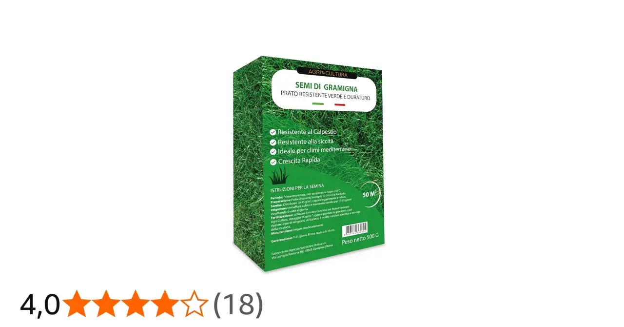 Confezione di semi per un prato di gramigna resistente, ideale per climi mediterranei e con crescita rapida.