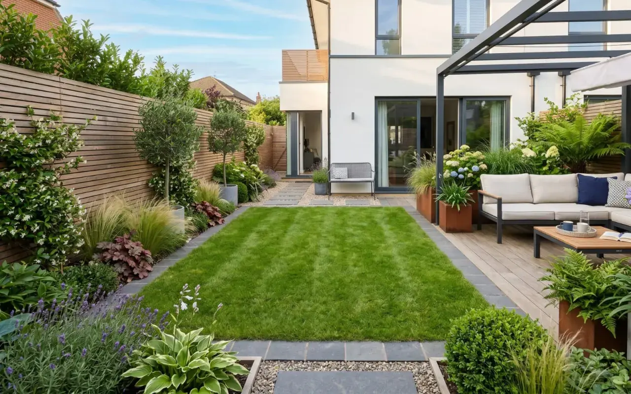 Un moderno giardino con prato verde, arredi da esterno e aiuole curate, che crea piccoli giardini da sogno.
