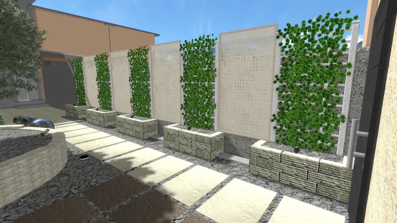 Moderne idee muro giardino con pannelli decorativi e rampicanti verdi. Un angolo relax con fontana e pavimentazione in pietra.