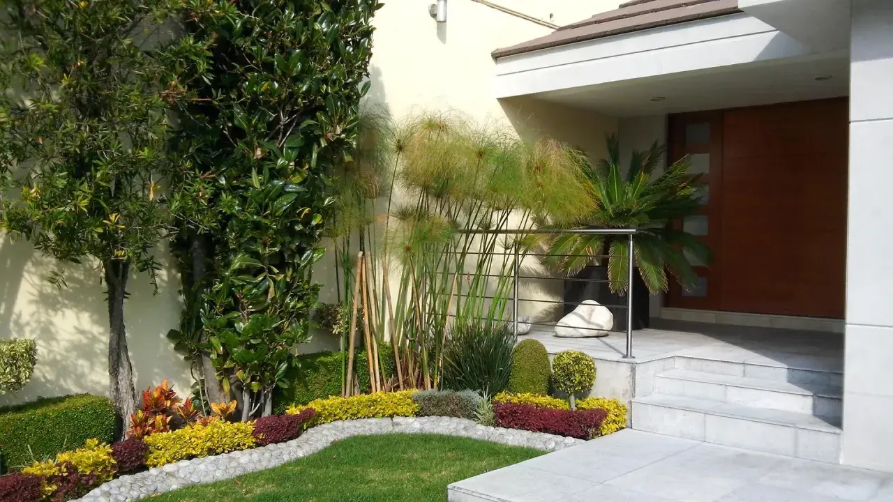 Un ingresso esterno casa curato con piante verdi, fiori colorati e papiri, un invito ad abbellire l'ingresso esterno casa con stile.