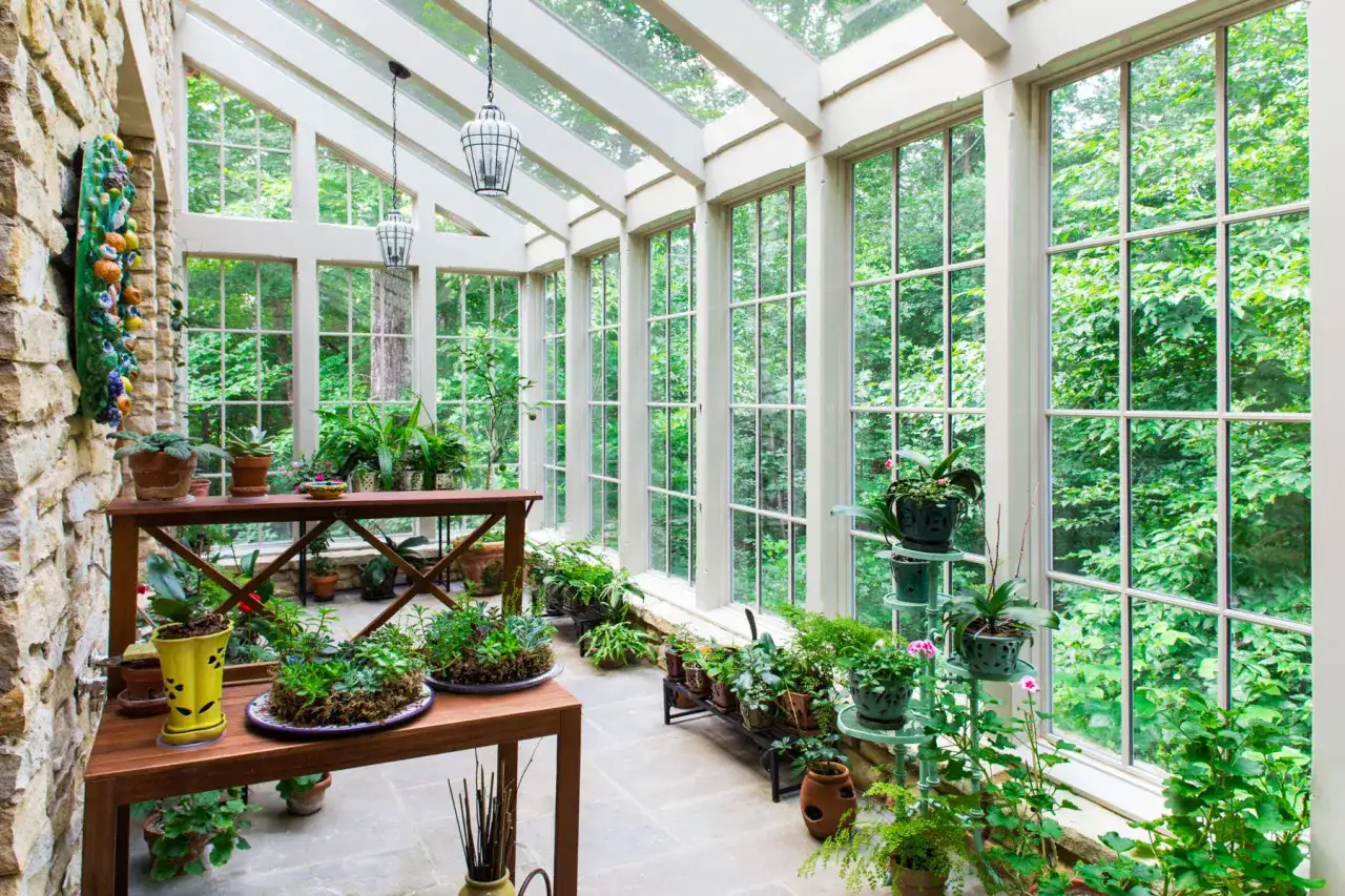 Un rigoglioso giardino d'inverno pieno di piante verdi, con grandi finestre che si affacciano su un bosco lussureggiante.