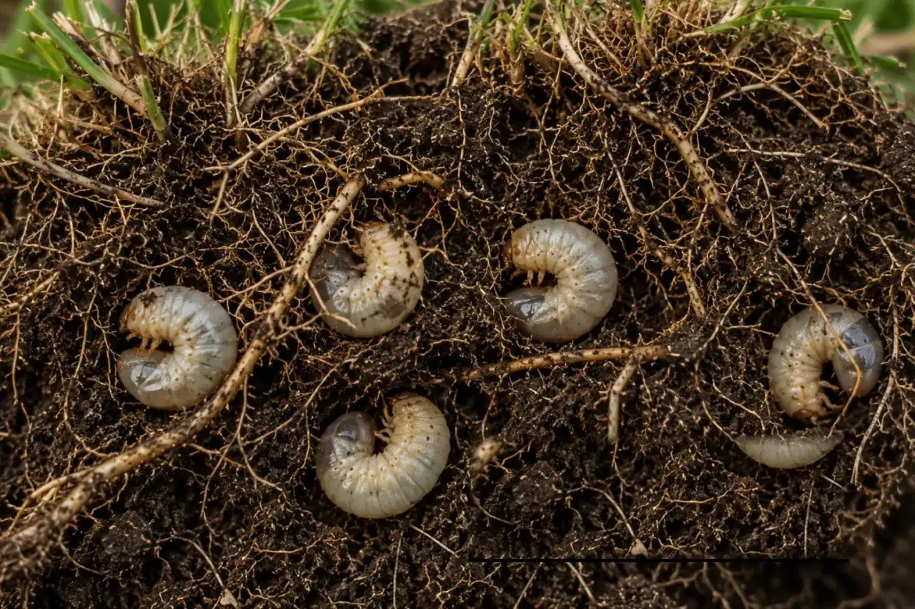 Larve di Popillia japonica si nascondono tra le radici dell'erba, pronte a nutrirsi.