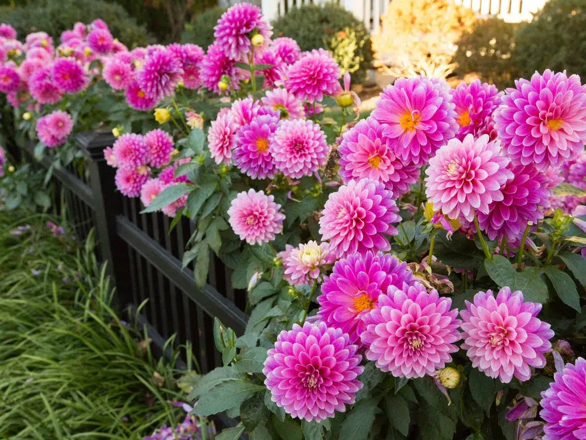 Fiori rosa acceso, perfetti fiori pieno sole perenni, sbocciano rigogliosi lungo una recinzione nera.
