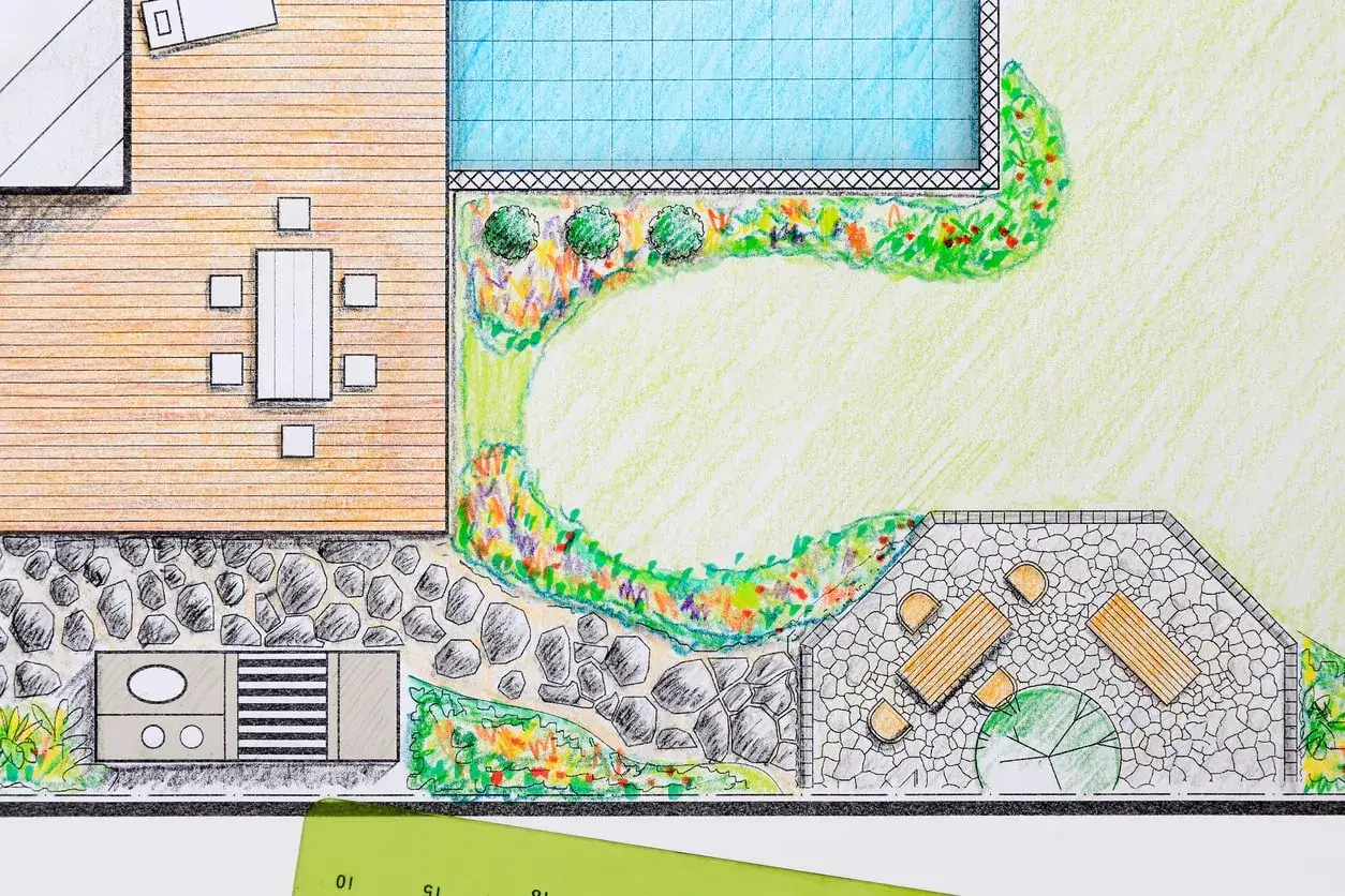 Disegno di un progetto per progettare giardino con piscina, area pranzo, cucina esterna e zona relax.