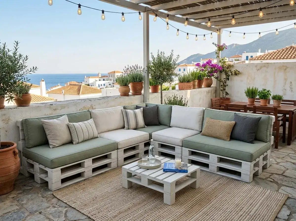 Divano angolare e tavolino da caff&egrave; realizzati con pallet, perfetti per creare idee tavoli con pallet e arredi esterni unici.