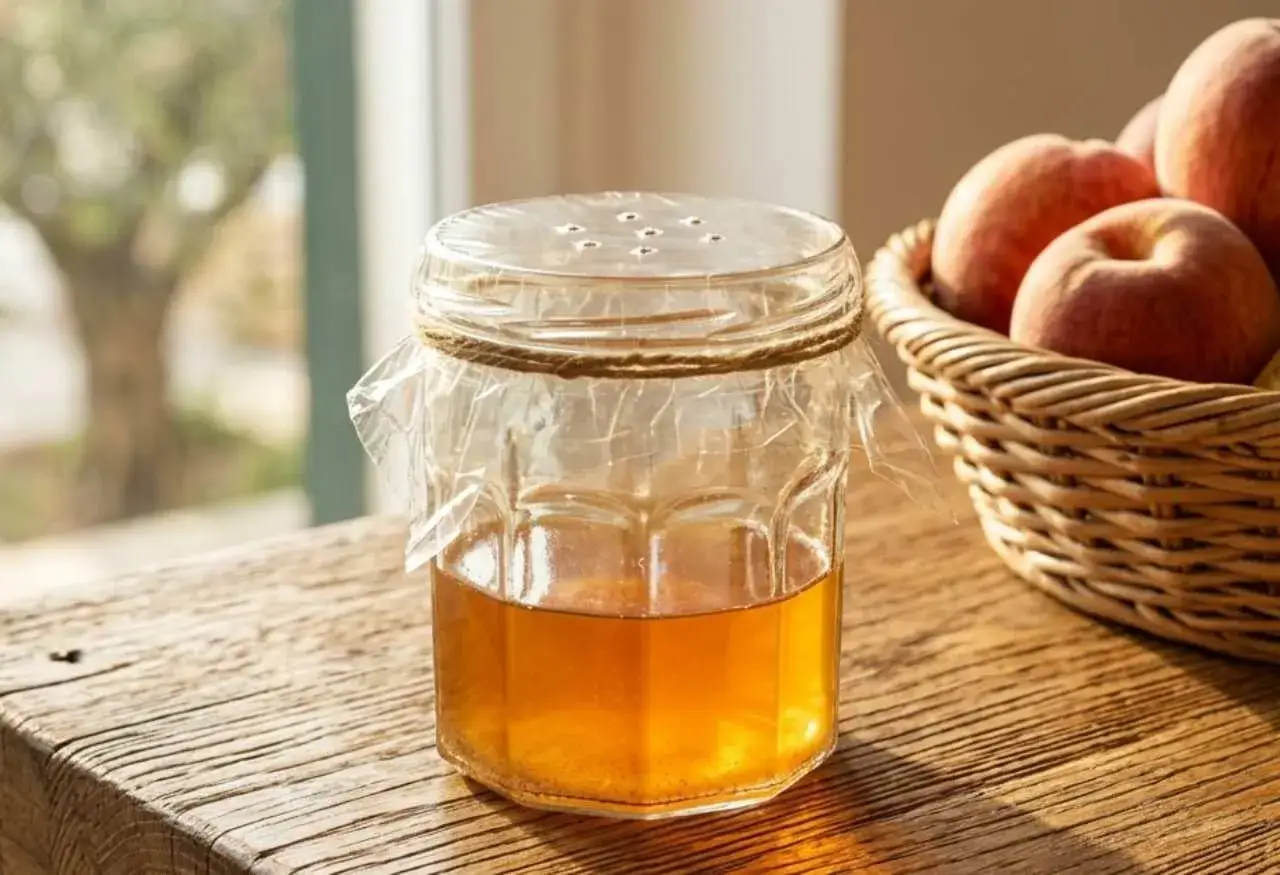 Trappola fai-da-te con aceto di mele per parassiti, con coperchio forato e pellicola. Sullo sfondo, un cesto di pesche.