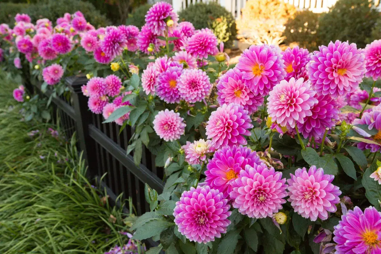 Fiori rosa vivaci, perfetti da seminare a giugno, sbocciano lungo una recinzione nera.