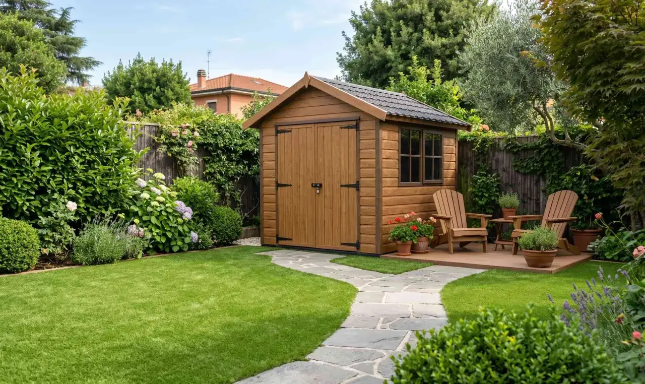 Giardino curato con prato sintetico impeccabile, capanno in legno, patio e fiori colorati. Idee giardini con prato sintetico per un'oasi verde tutto l'anno.