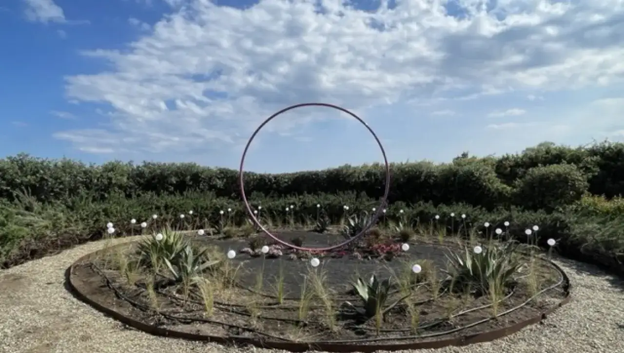 Un cerchio rosa domina questo giardino moderno. Piante succulente e luci sferiche creano un'atmosfera unica, un invito a realizzare un giardino da sogno.