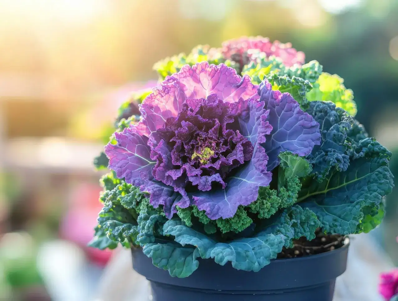 Un magnifico cavolo ornamentale viola e verde, con foglie arricciate, in vaso, illuminato dalla luce del sole.