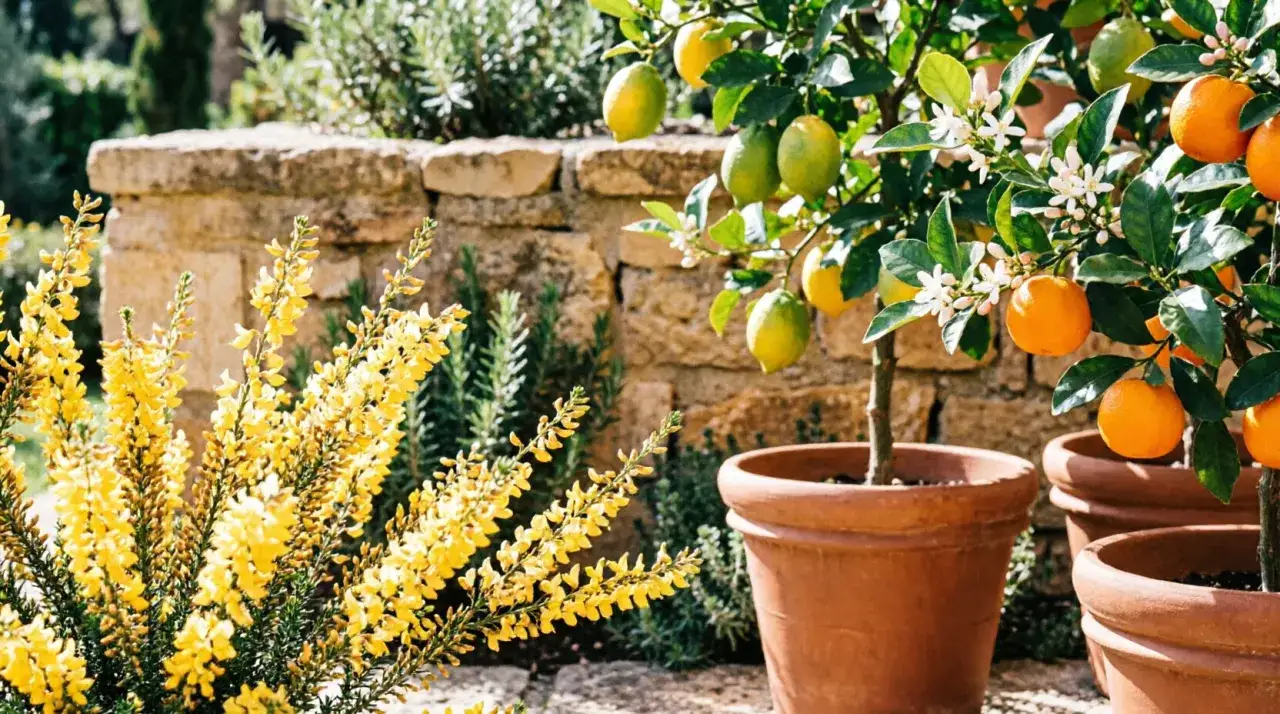 Un rigoglioso giardino d'inverno con alberi di agrumi carichi di frutti e fiori bianchi, accanto a un cespuglio di ginestra gialla.